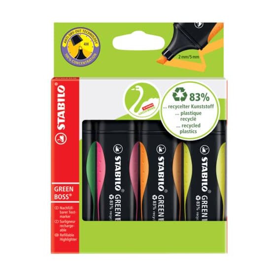 STABILO® Umweltfreundlicher Textmarker - GREEN BOSS - 4er Pack - grün, rosa, orange, gelb