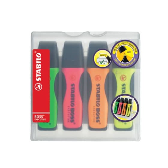 STABILO® Premium-Textmarker - BOSS EXECUTIVE - 4er Pack - grün, pink, orange, gelb