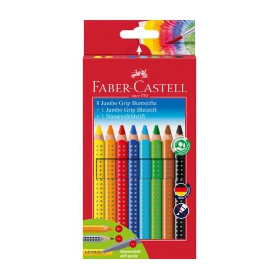 FABER-CASTELL Buntstift Jumbo GRIP - 8 Farben, Namensfeld- und Bleistift im Promotionetui