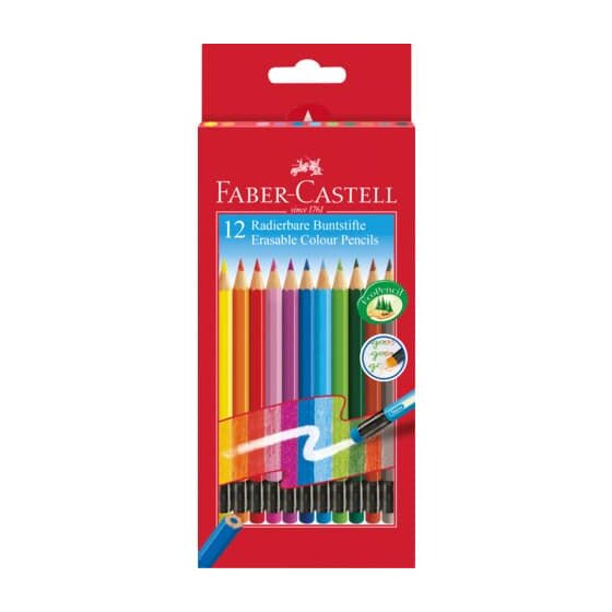 FABER-CASTELL Buntstift Radierbare - 12 Farben sortiert mit Radiergummi, Kartonetui