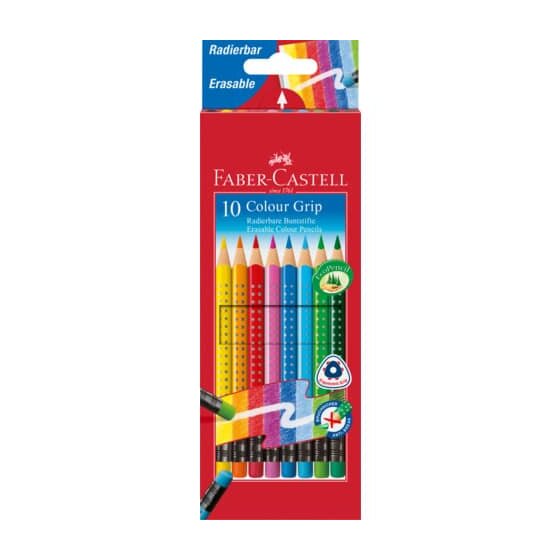 FABER-CASTELL Buntstift Colour GRIP Radierbare - 10 Farben sortiert mit Radiergummi, Kartonetui