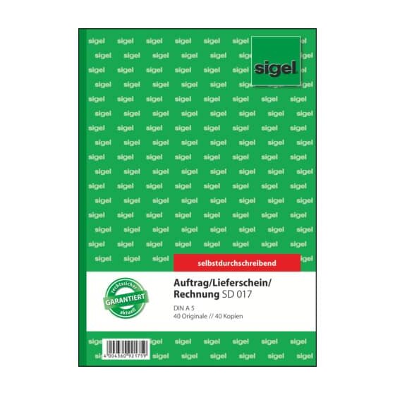 SIGEL Kombinationsbuch Auftrag/Lieferschein/Rechnung - A5, 1. und 2. Blatt bedruckt, SD, MP, 2 x 40 Blatt