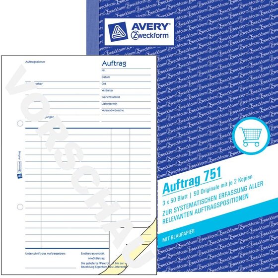 Avery Zweckform® 751 Auftrag, DIN A5, selbstdurchschreibend, 3 x 50 Blatt, weiß, gelb