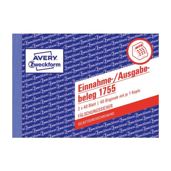 Avery Zweckform® 1755 Einnahme-/Ausgabebeleg - A6 quer, SD, MP, fälschungssicher, 2 x 40 Blatt, weiß, gelb
