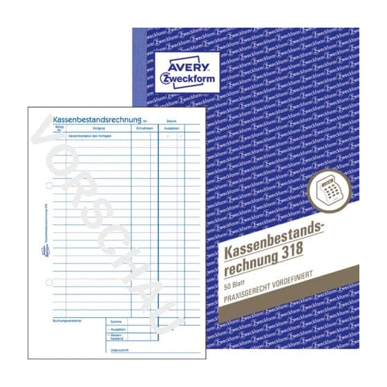 Avery Zweckform® 318 Kassenbestandsrechnung, DIN A5, vorgelocht, 50 Blatt, weiß
