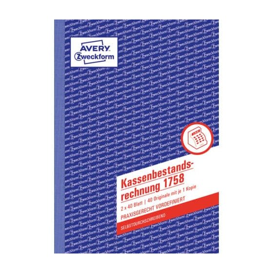 Avery Zweckform® 1758 Kassenbestandsrechnung, DIN A5, selbstdurchschreibend, 2 x 40 Blatt, weiß, gelb