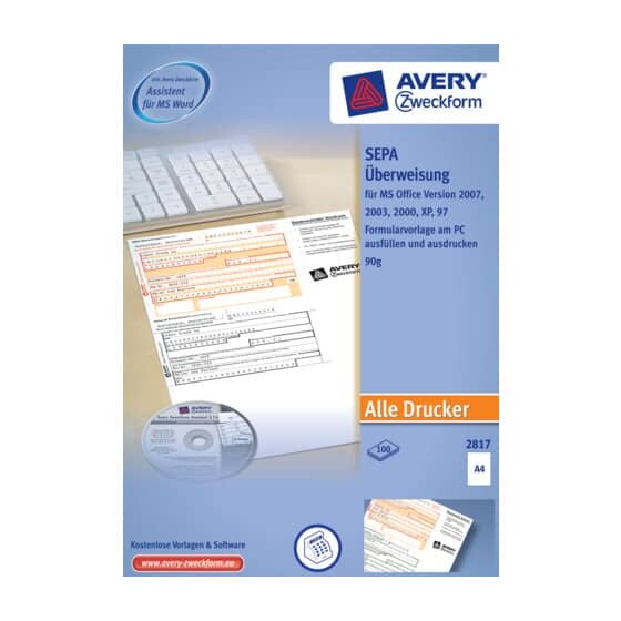 Avery Zweckform® 2817 Sepa-Überweisung - A4, inkl. Software-CD, 100 Blatt