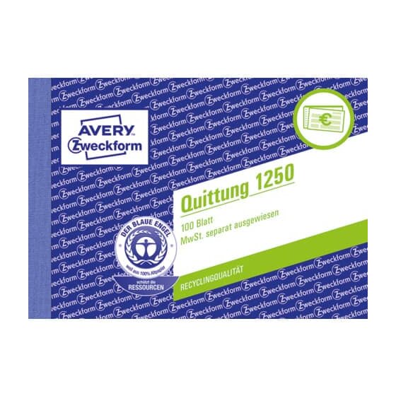 Avery Zweckform® 1250 Quittung MwSt. separat ausgewiesen - A6 quer, MP, fälschungssicher, 100 Blatt, weiß