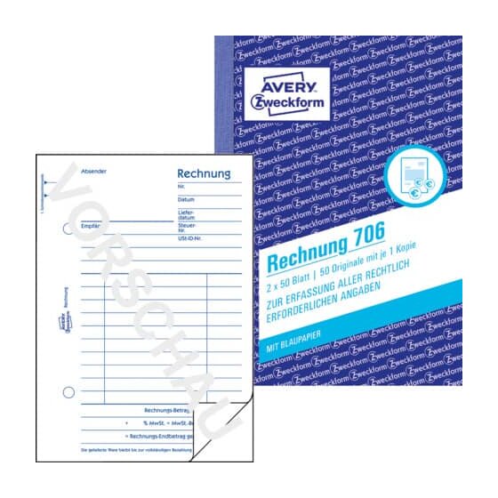 Avery Zweckform® 706 Rechnung, DIN A6, vorgelocht, 2 x 50 Blatt, weiß