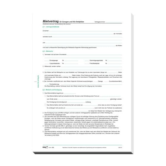 RNK Verlag Mietvertrag für Garagen, 4 Seiten, gefalzt auf DIN A4, 10 Stück