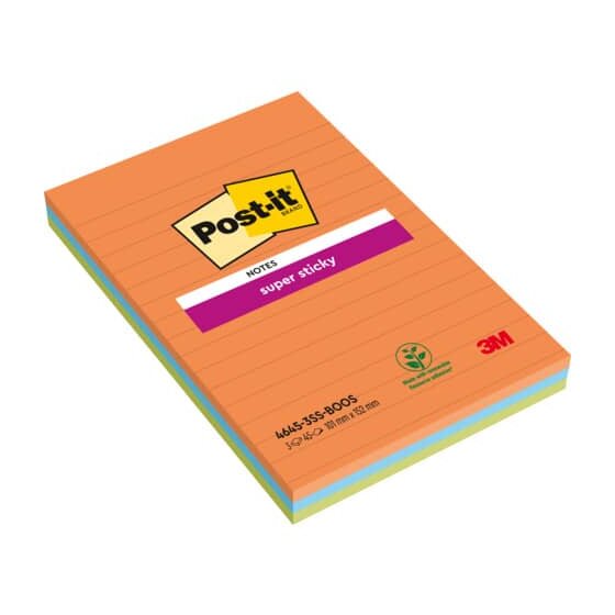Post-it® SuperSticky Haftnotizen Super Sticky Notes Ultrafarben - 102 x 152 mm, liniert, 3x 45 Blatt