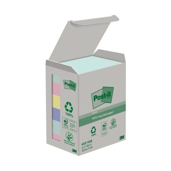 Post-it® Recycling Notes - 38 x 51 mm, Rainbow pastell, 6 x 100 Blatt