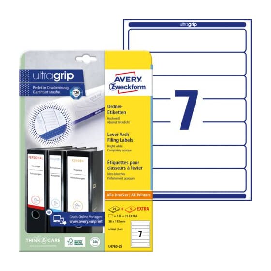 Avery Zweckform® L4760-25 Ordner-Etiketten, 38 x 192 mm, schmale/kurz, 210 Etiketten, weiß