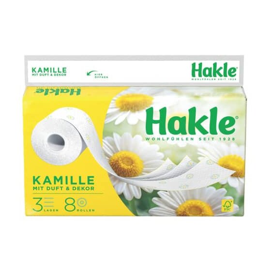 HAKLE Toilettenpapier PLUS mit Kamille - 3-lagig, geprägt, Porenprägung, weiß mit Dekor, Rolle mit 150 blatt, 8 Rollen