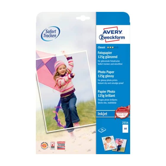 Avery Zweckform® 2554 Classic Inkjet Fotopapier - DIN A4, glänzend, 125 g/qm, 20 Blatt