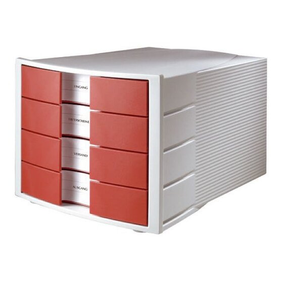 HAN Schubladenbox IMPULS - A4/C4, 4 geschlossene Schubladen, lichtgrau-rot