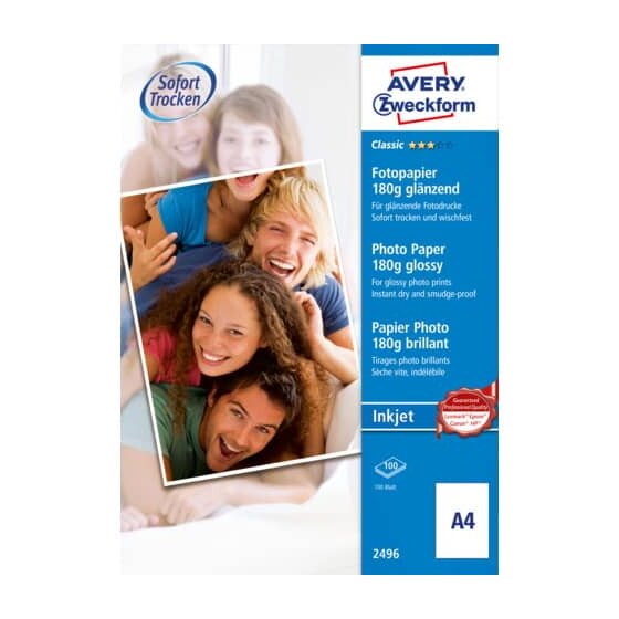 Avery Zweckform® 2496 Classic Inkjet Fotopapier - DIN A4, glänzend, 180 g/qm, 100 Blatt