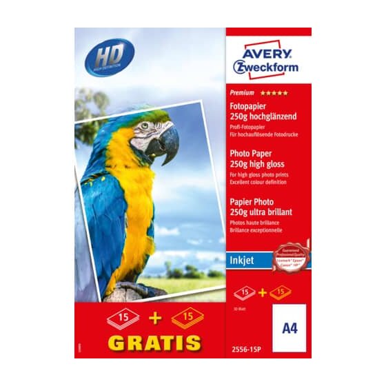 Avery Zweckform® 2556-15P Premium Inkjet Fotopapier - DIN A4, hochglänzend, 250 g/qm, 15 + 15 Blatt