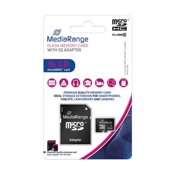 MediaRange Micro SDHC Speicherkarte 16GB Klasse 10 mit SD-Karten Adapter