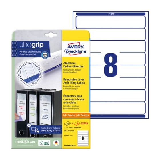 Avery Zweckform® L6060REV-20 Ordner-Etiketten, 34 x 192 mm, 30 Bogen/240 Etiketten, weiß