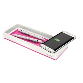Stifteschale WOW Duo Colour, weiß/pink, mit Induktionsladegerät, Polystyrol, Maße: 266 x 28 x 101 mm