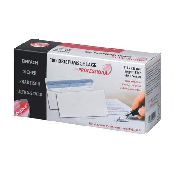 Professional Briefumschlag Revelope® - 112 x 225 mm, o. Fenster, weiß,  90 g/qm, Innendruck, Revelope-Klebung, 100 Stück