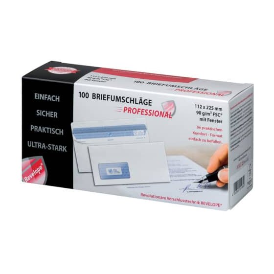 Revelope® Briefumschlag Revelope® - 112 x 225 mm, m. Fenster, weiß,  90 g/qm, Innendruck, Revelope-Klebung, 100 Stück