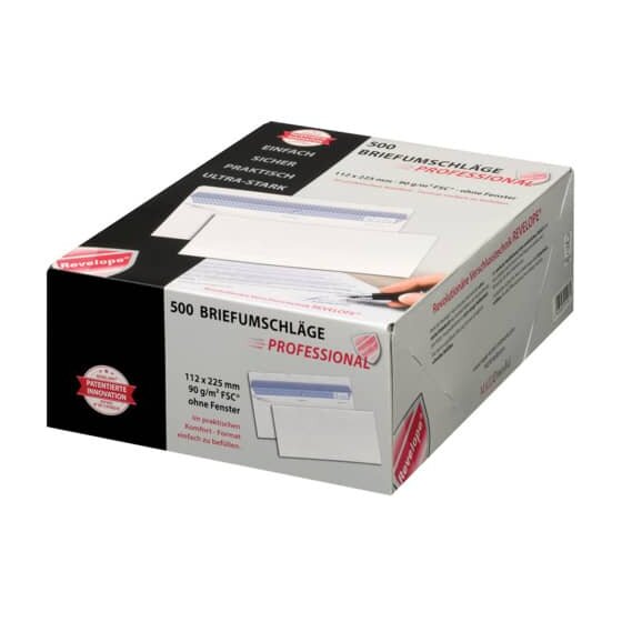 Professional Briefumschlag Revelope® - 112 x 225 mm, o. Fenster, weiß,  90 g/qm, Innendruck, Revelope-Klebung, 500 Stück