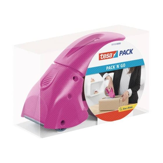 tesa® Packbandabroller Packn Go - pink, Rollen bis 50 mm x 66 m
