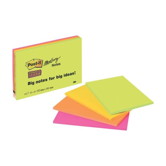 Post-it® SuperSticky Meeting Notes Neon - 152 x 101 mm, 4 x 45 Blatt