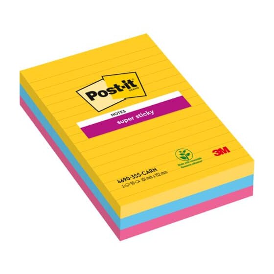 Post-it® SuperSticky Haftnotiz Super Sticky Notes - 101 x 152 mm, liniert, 3x 90 Blatt