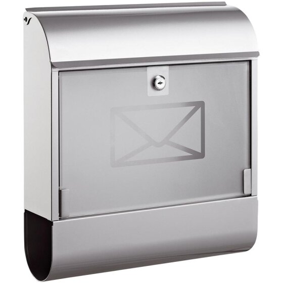 Briefkasten Stahl, silber, mit Zeitungsbox, Glastür, Schloss, 2 Schlüssel, Maße: 36 x 41 x 11,5 cm