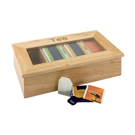APS® TEEBOX mit 4 Fächern, Aufschrift Tee, aus hellem Holz, mit Sichtfenster