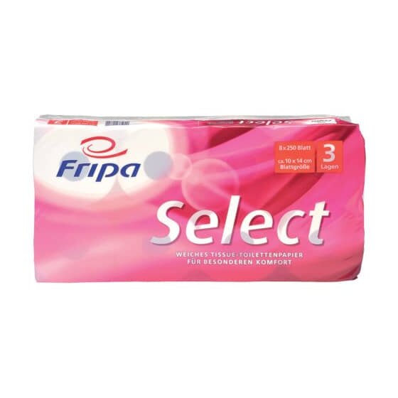 Fripa Toilettenpapier Select - 3-lagig, geprägt, hochweiß, 8 Rollen à 250 Blatt