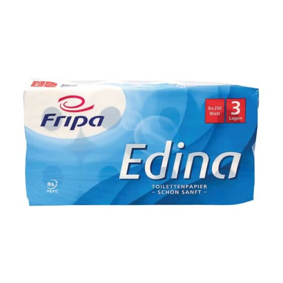 Fripa Toilettenpapier Edina - 3-lagig, geprägt, hochweiß, 8 Rollen à 250 Blatt
