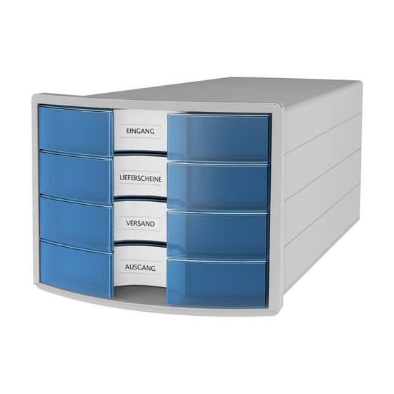 HAN Schubladenbox IMPULS - A4/C4, 4 geschlossene Schubladen, lichtgrau/transluzent-blau