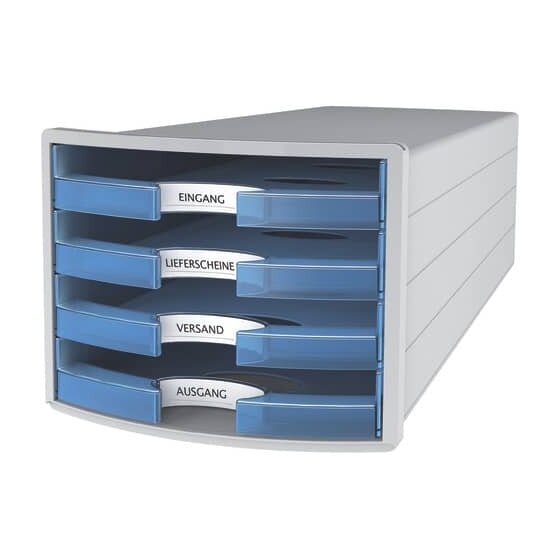HAN Schubladenbox IMPULS - A4/C4, 4 offene Schubladen, lichtgrau/transluzent-blau