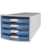HAN Schubladenbox IMPULS - A4/C4, 4 offene Schubladen, lichtgrau/transluzent-blau