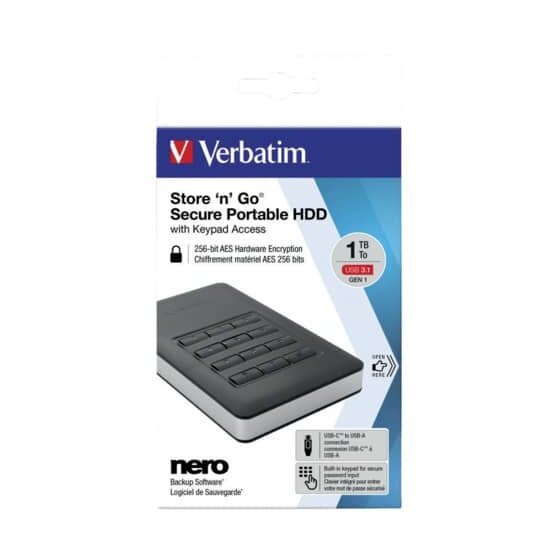 Verbatim Store n Go Secure 1 TB Festplatte, USB 3.1 Typ-C, externe Festplatte mit Passwortschutz durch Tastenfeld - schwarz
