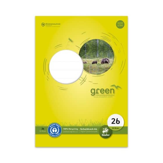 Staufen® green Schulblock LIN 26 - A4, 50 Blatt, 70 g/qm, 5mm kariert mit Rand