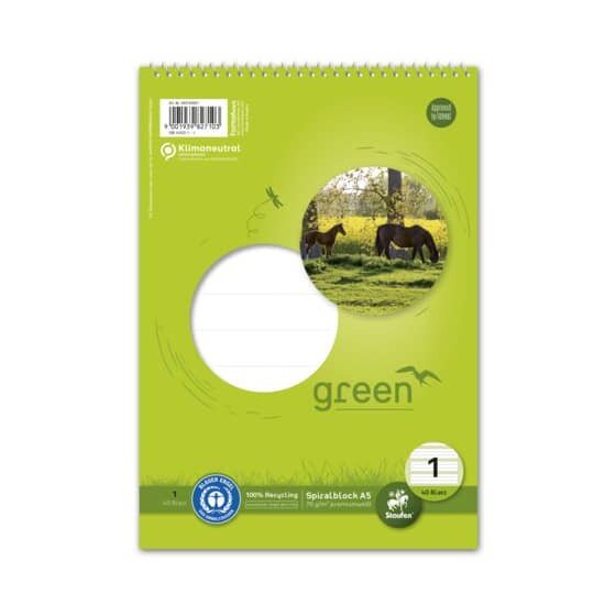 Staufen® green Spiralblock LIN1 A5 40 Blatt 70g/qm 5/5/5mm liniert farbig