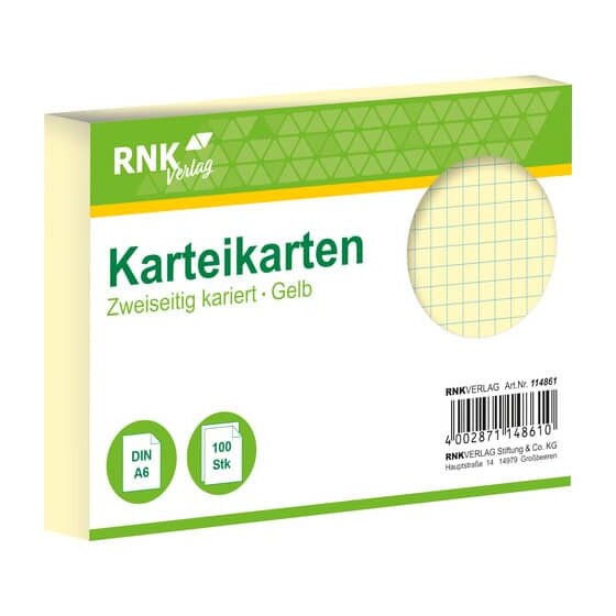 RNK Verlag Karteikarten - DIN A6, kariert, gelb, 100 Karten