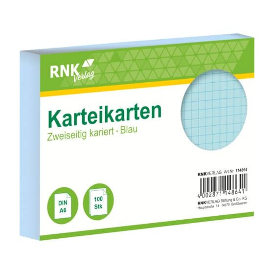 RNK Verlag Karteikarten - DIN A6, kariert, blau, 100 Karten