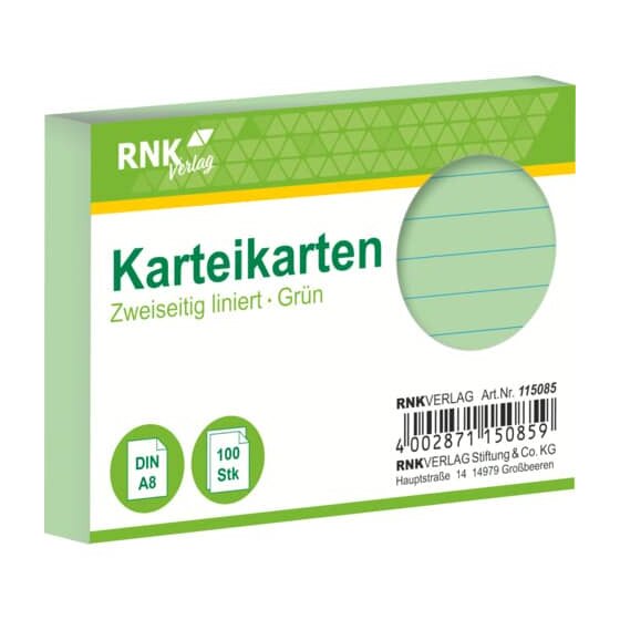 RNK Verlag Karteikarten - DIN A8, liniert, grün, 100 Karten