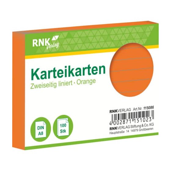 RNK Verlag Karteikarten - DIN A8, liniert, orange, 100 Karten