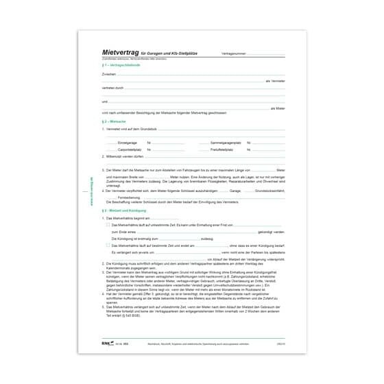 RNK Verlag Mietvertrag für Garagen, 4 Seiten, gefalzt auf DIN A4