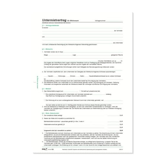 RNK Verlag Untermietvertrag für Wohnräume, 4 Seiten, gefalzt auf DIN A4, 10 Stück