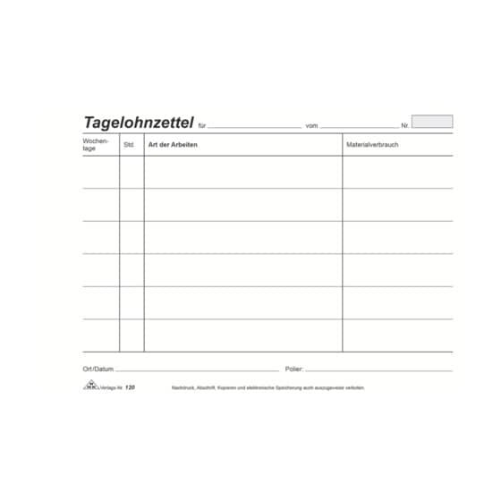 RNK Verlag Tagelohnzettel - Block, 100 Blatt, DIN A5 quer, breite Spalten