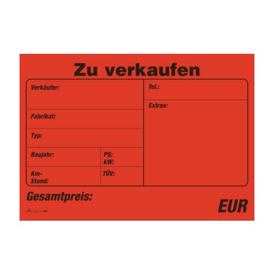 RNK Verlag Plakat "Zu verkaufen" für Kfz, (BxH): 340 x 240 mm, 10 Blatt im Abreißblock