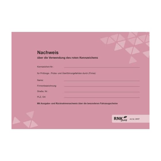 RNK Verlag Nachweisheft für rote Kennzeichen - 16 Seiten, A5 quer